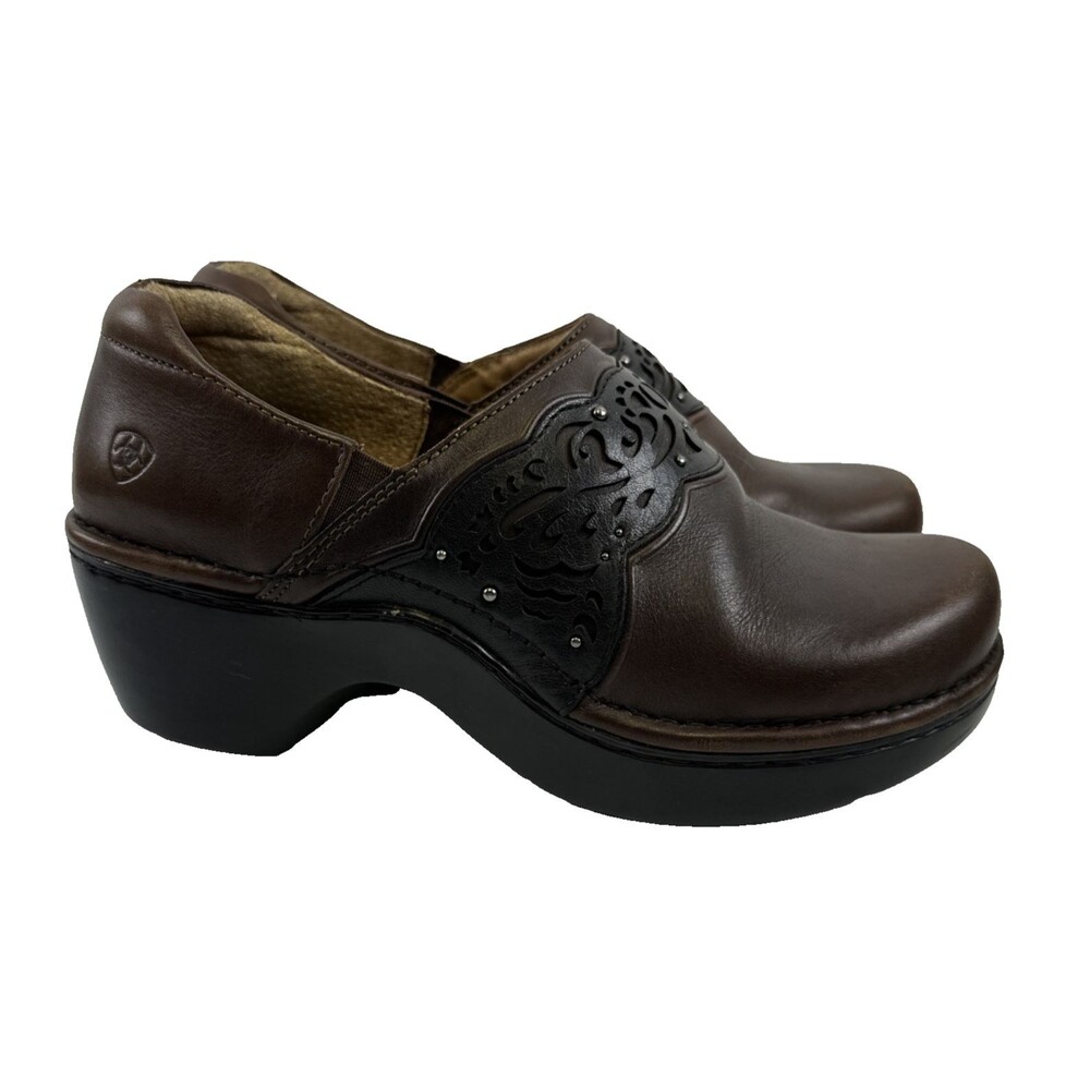 Ariat Tambour Clog Leather Hazelnut Brown Floral Cut Out Overlay Slip On Women 9